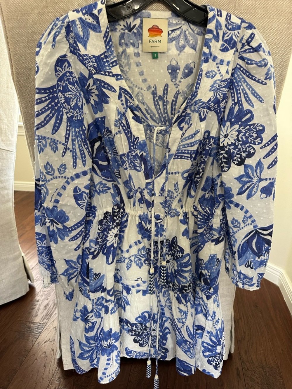 FARM Rio White and Blue Floral Peasant Dress